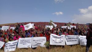 Photo of protest by Maasai in August 2024. A large crowd sits outside carrying signs with texts such as "Sustainable living. Sustainable Future." and "Global Eyes on Ngorongoro"