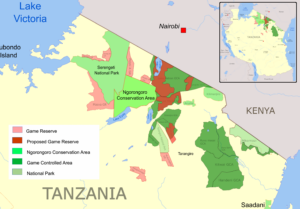 Map of Northern Tanzania with areas designated 'Game Reserve', 'Proposed Game Reserve', 'Ngorongoro Conservation Area', 'Game Controlled Area' and 'National Park'.